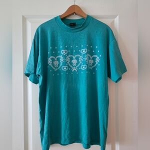 Vintage Single Stitch Fruit Of The Loom Tshirt Womens XL Green Floral Heart 90s